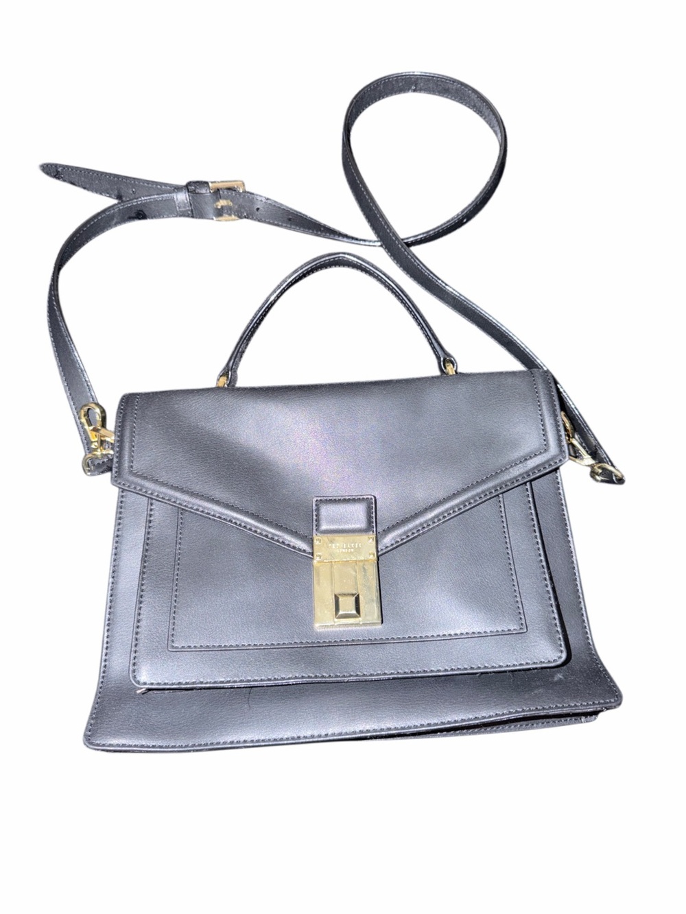 Ted Baker Metallic Gray Structured Leather Satchel with Gold Hardware